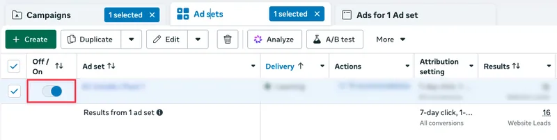 Meta Ads Manager: ad set toggled on and in Learning delivery