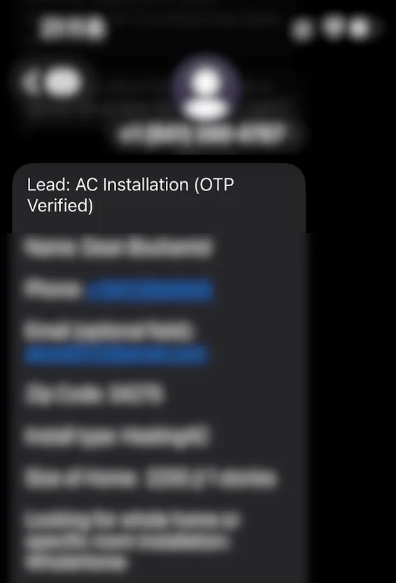 Phone notification: Lead - AC Installation (OTP verified) with name, phone, email, zip, and install details