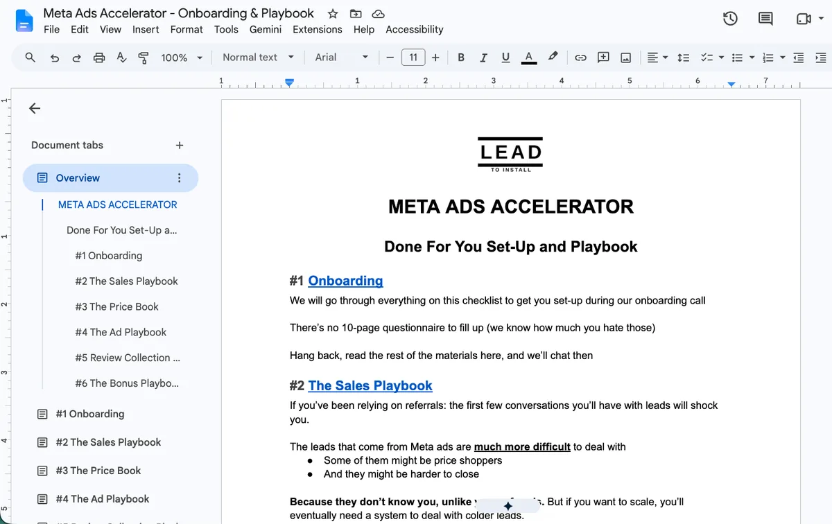 The Meta Ads Accelerator playbook: onboarding, sales playbook, price book, ad playbook, review collection, and bonus playbook